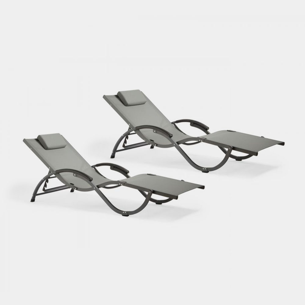 Set of 2 folding sunloungers in grey Textoline fabric with adjustable backrests and removable headrests, featuring a sleek black metal frame for durability.