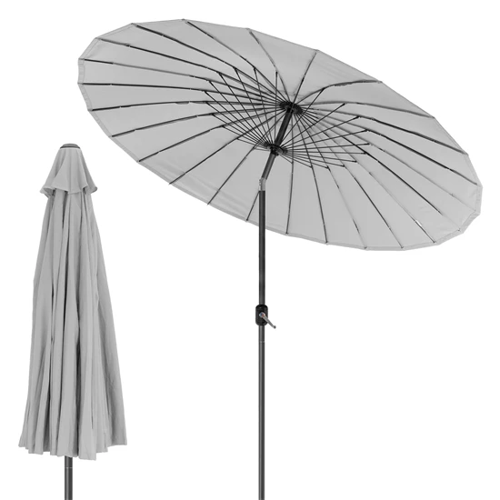 Light grey 300cm diameter parasol umbrella with a crank lift mechanism, featuring a sturdy black metal pole and fabric canopy with a ribbed structure.