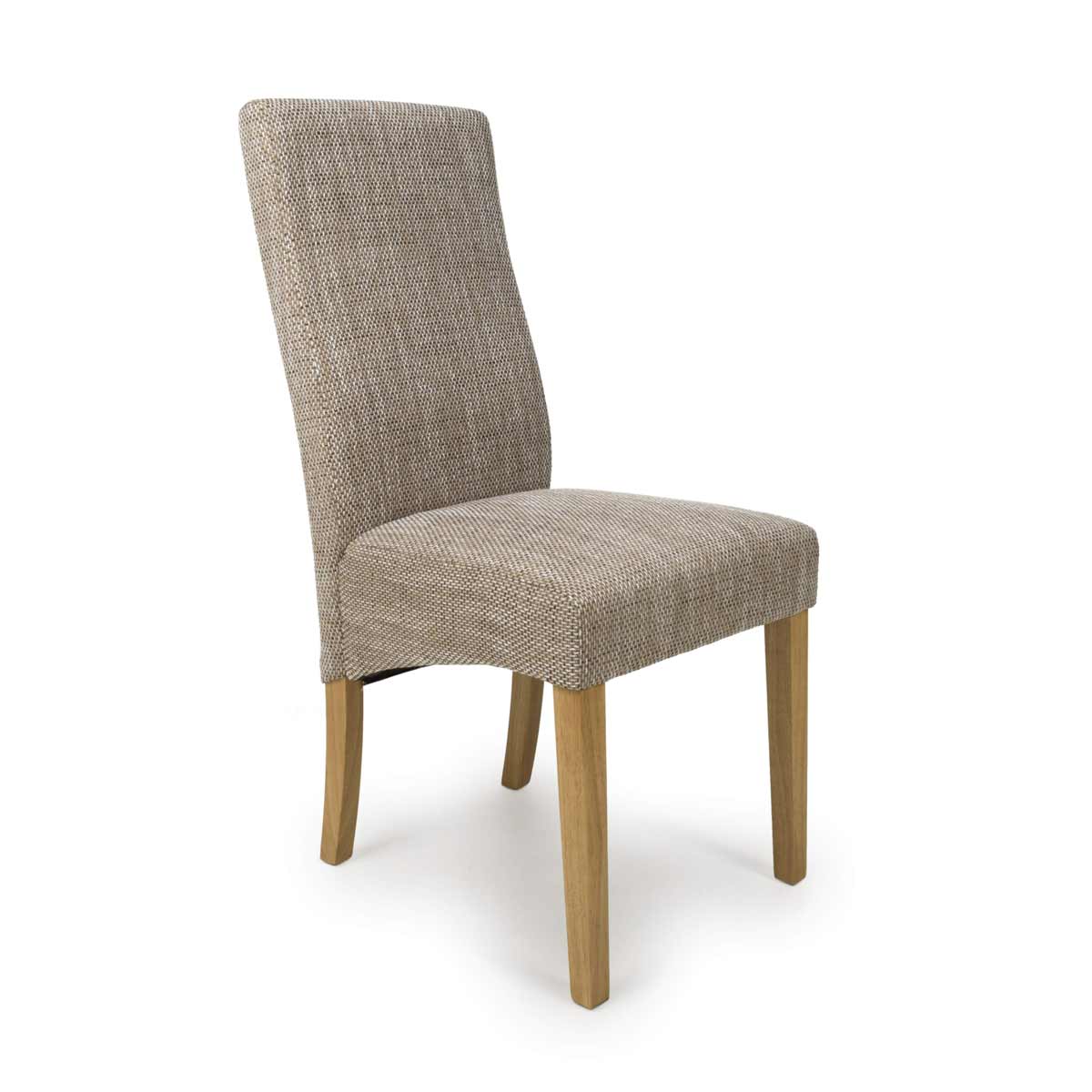 Brown tweed dining chair with a high back and upholstered seat, featuring light wooden legs for a modern, stylish look.