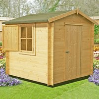 Shire Camelot log cabin summerhouse, 2.4m x 2.4m, natural wood finish, single door, window with shutters.