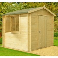 Wooden log cabin shed with a pitched roof, single door, and window, measuring 2.7m x 2.7m, by Shire.