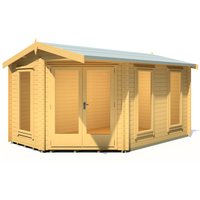 Shire Rivington 10x14ft log cabin with light wood finish, double doors, and multiple windows.