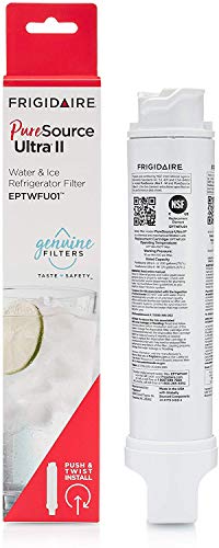Frigidaire EPTWFU01 water filtration filter in white, featuring a cylindrical design with a push-and-twist installation mechanism and packaging highlighting "PureSource Ultra II."