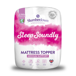 Slumberdown Sleep Soundly Rebound Mattress Topper in white, double size, featuring medium support with a soft, quilted surface and a pink and white packaging design.