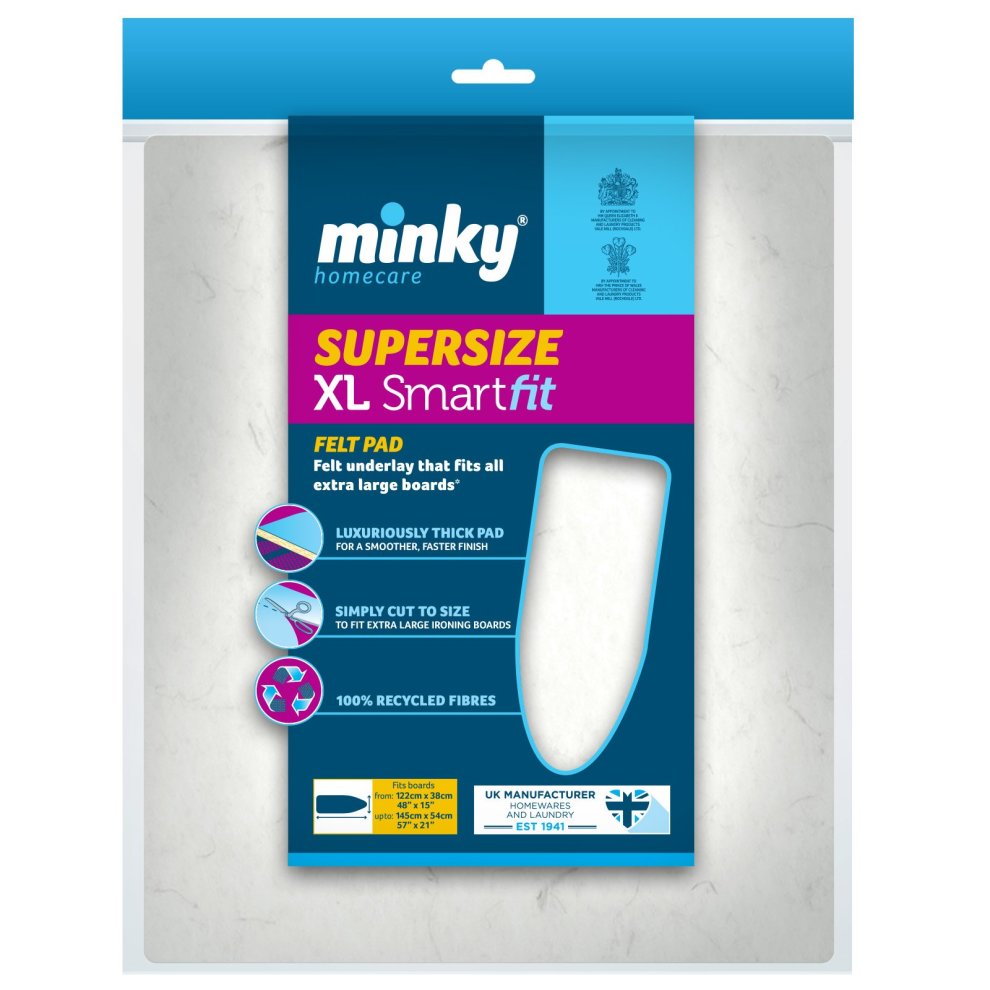 Minky Supersize Smartfit Felt Pad in white, designed to fit boards up to 145 x 54 cm, features a thick, smooth surface and is made from 100% recycled fibers.