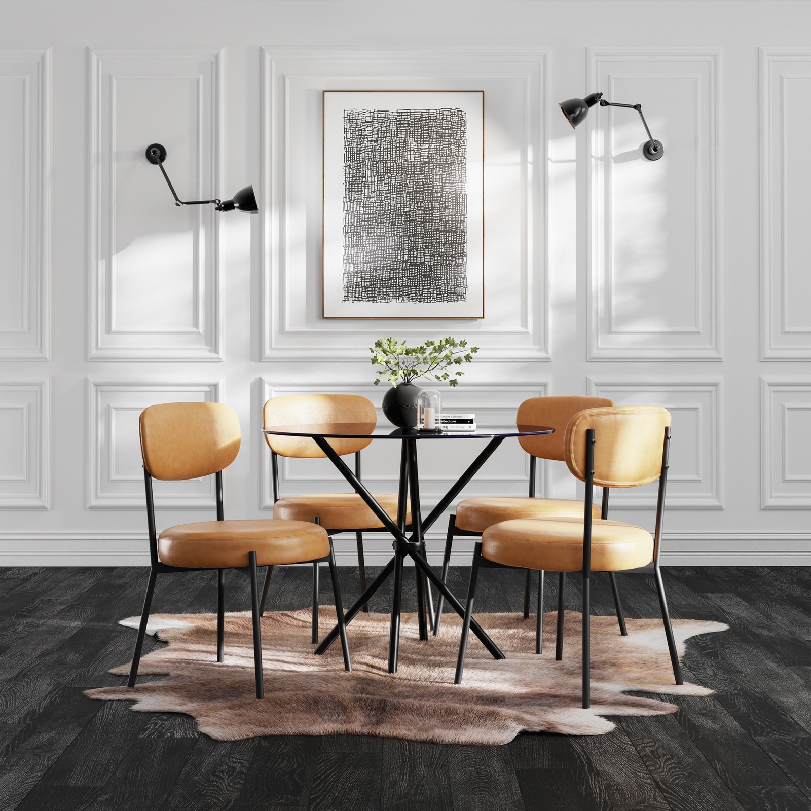 Brown LPD Smith dining chairs with curved backs and black metal legs, arranged around a modern black table on a cowhide rug in a stylish, bright room.