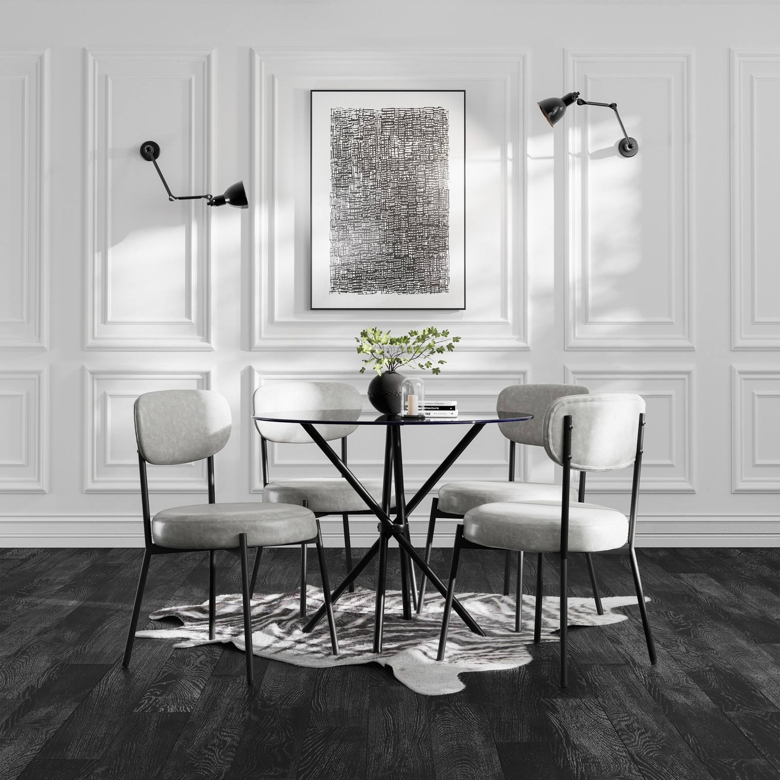Two grey LPD Smith dining chairs with soft upholstery and black metal legs, placed around a modern glass-top table in a stylish, well-lit dining area.
