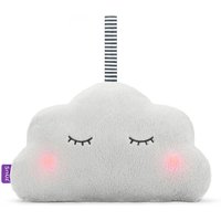 Gray cloud-shaped sleep aid with closed eyes, rosy cheeks, and a striped handle on top.