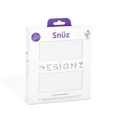White fitted sheets for cribs, packaged in a sleek box with a purple top and cut-out lettering, highlighting the Snüz brand and product details.