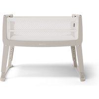 Grey Snüz SnuzPod Studio bedside crib with mesh sides, adjustable height, and sturdy wooden legs.