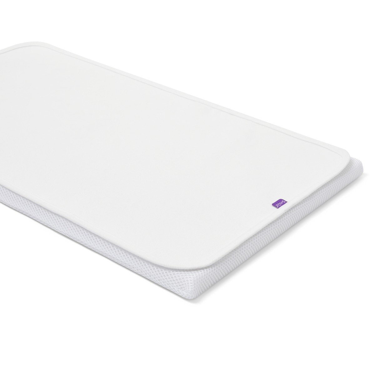 White waterproof crib mattress protector with a textured surface and a purple Snüz logo, designed for the SnuzPod4 crib.