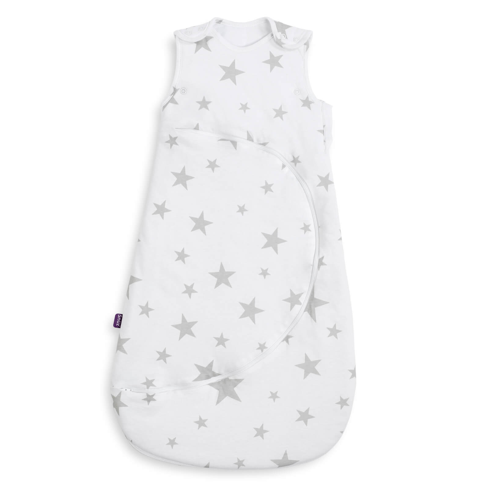 White baby sleeping bag with a cloud nine design, featuring gray stars, made from soft 100% cotton, and includes a zip for easy nappy changing, suitable for ages 0-6 months.