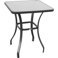 Square glass bistro table with black metal frame, curved legs, and crossbar support, measuring 68.5x84 cm.