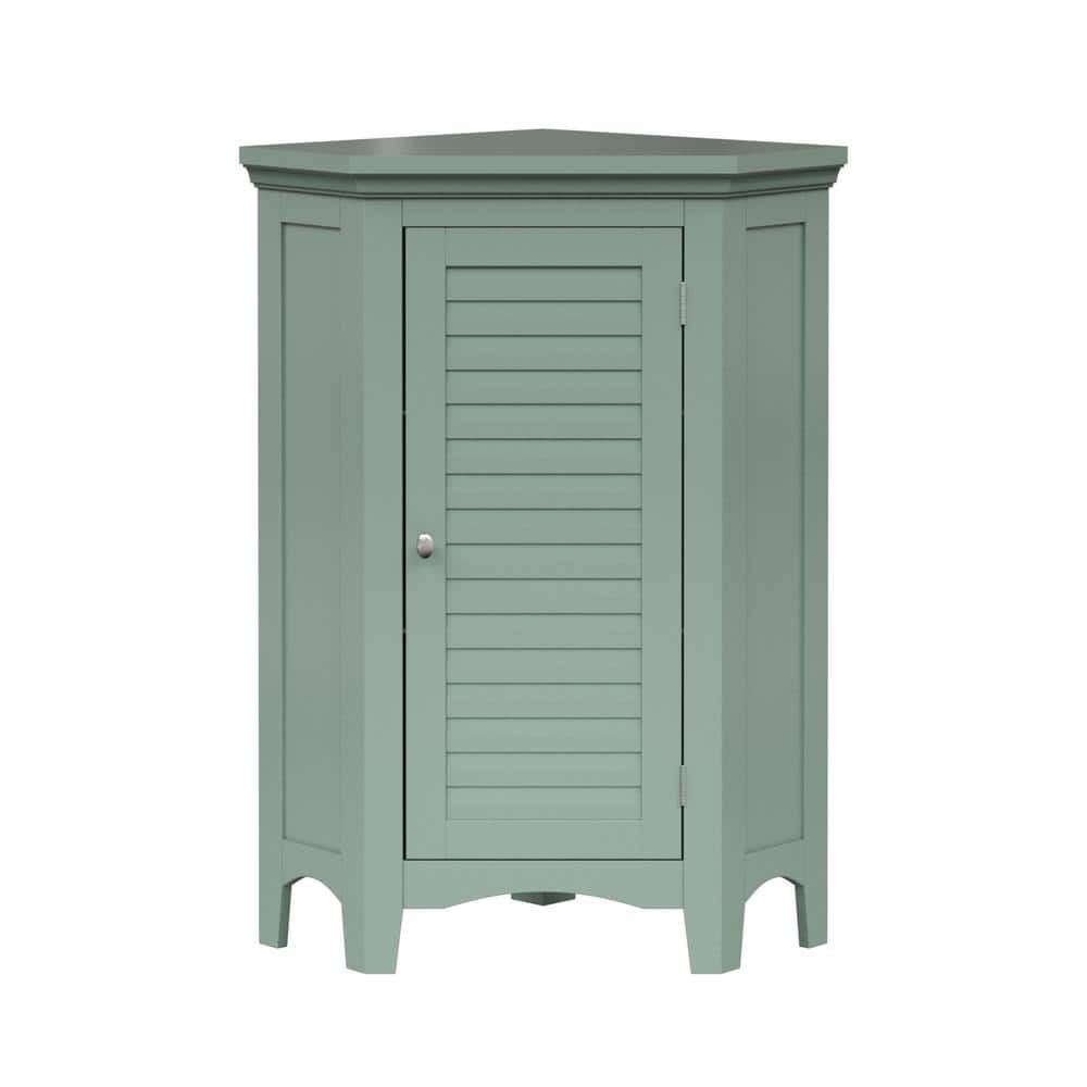 Sage green wooden corner cabinet with shutter doors, featuring a smooth top and decorative cut-out legs, ideal for maximizing space in any room.