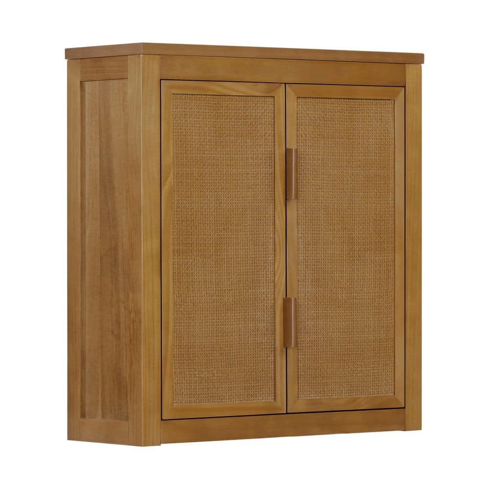Modern 2-door wall cabinet featuring a solid wood frame with a warm honey finish and rattan doors, ideal for stylish storage solutions.