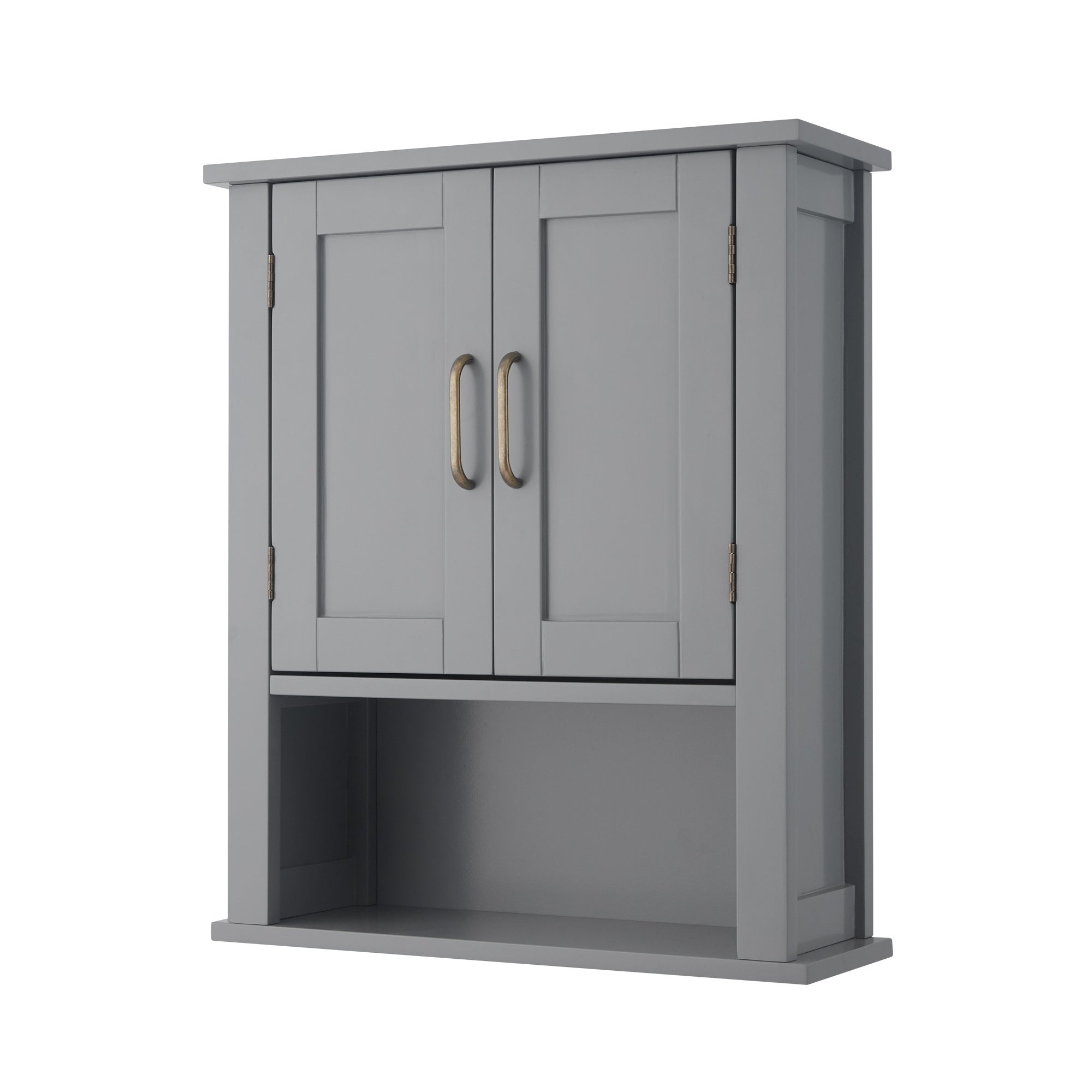 Gray wooden wall cabinet featuring two doors with sleek metal handles and an open shelf below for storage or display.