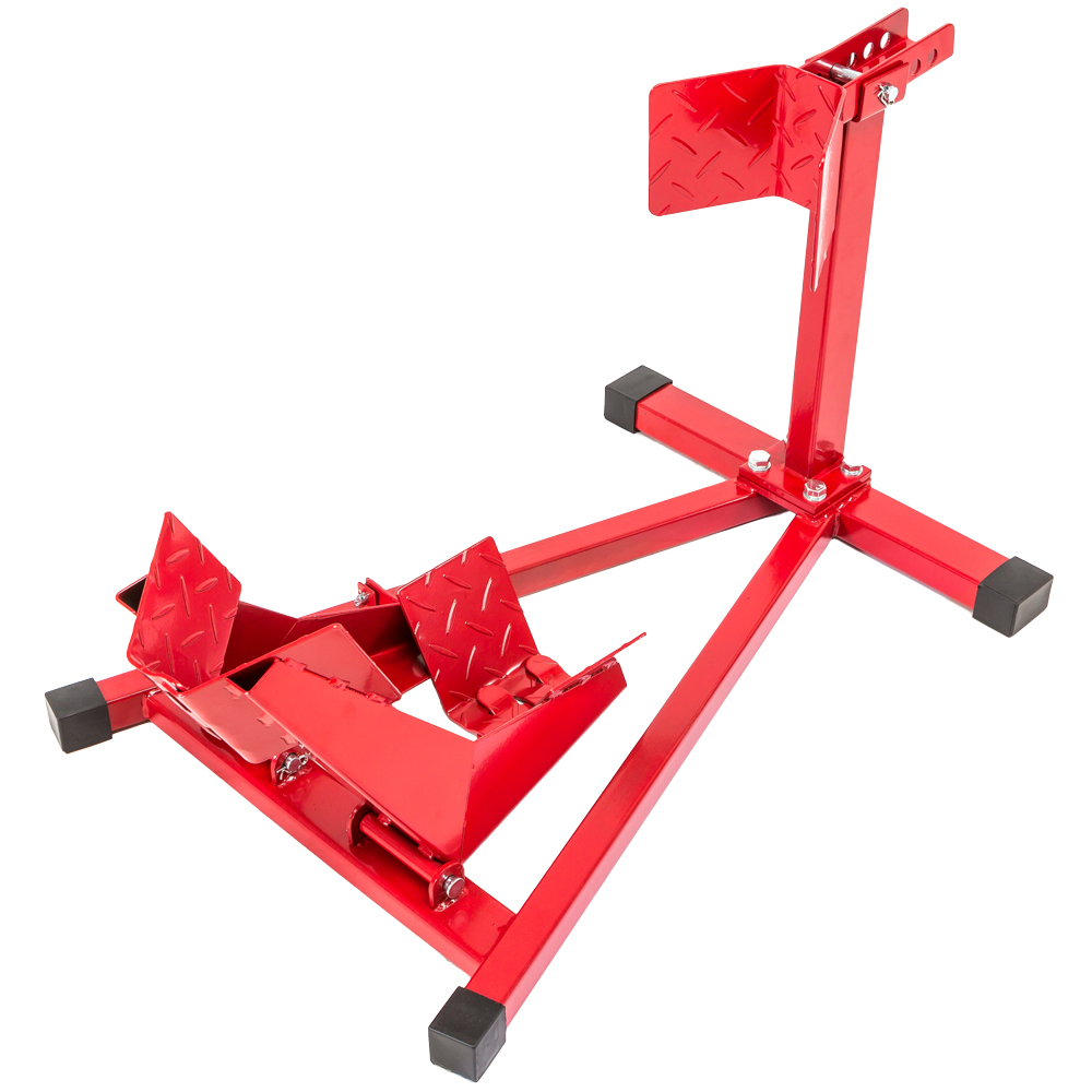 Red metal motorbike stand designed for tyre widths up to 17 inches, featuring a sturdy base, adjustable supports, and rubber feet for stability.