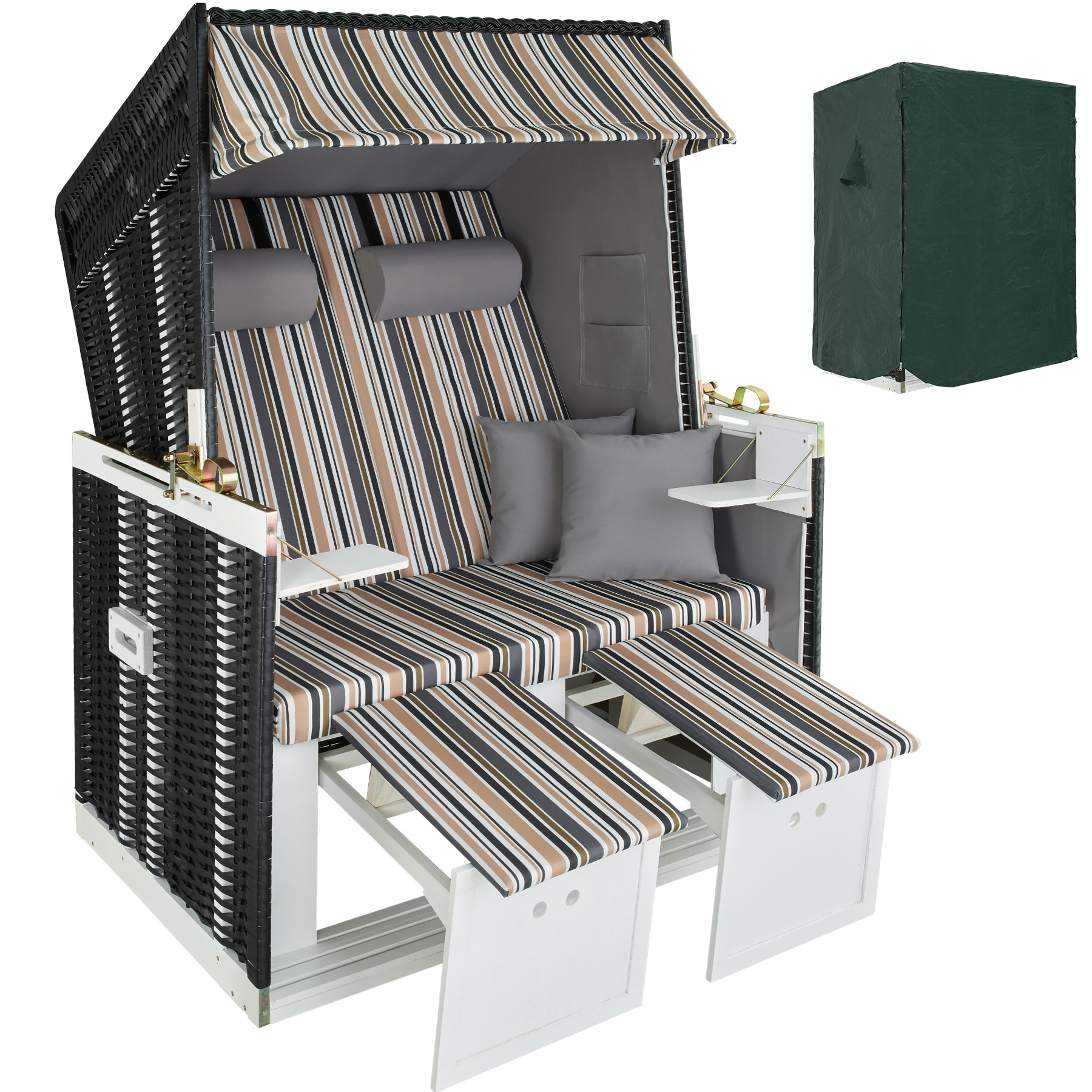 Black and grey wicker outdoor beach sunbed featuring a roof, striped cushions, adjustable recline, and side tables, with a green protective cover displayed beside it.