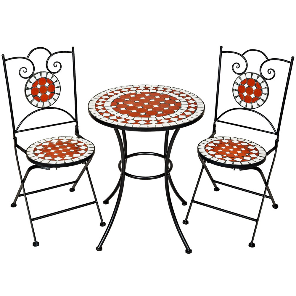 Brown mosaic design garden furniture set featuring two ornate chairs and a 60cm round table, all with a black metal frame and colorful tile accents.