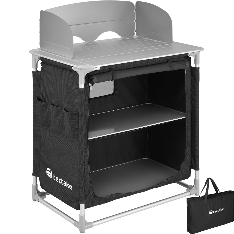 Camping kitchen with a black and grey design, featuring a sturdy aluminum frame, two shelves, a foldable top, and side pockets, includes a carrying bag for easy transport.