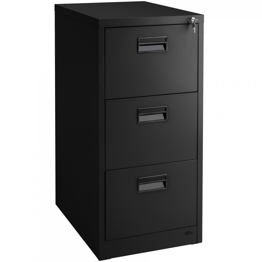 Black steel filing cabinet with three drawers, featuring metal handles and a lock for security, designed for efficient document storage.