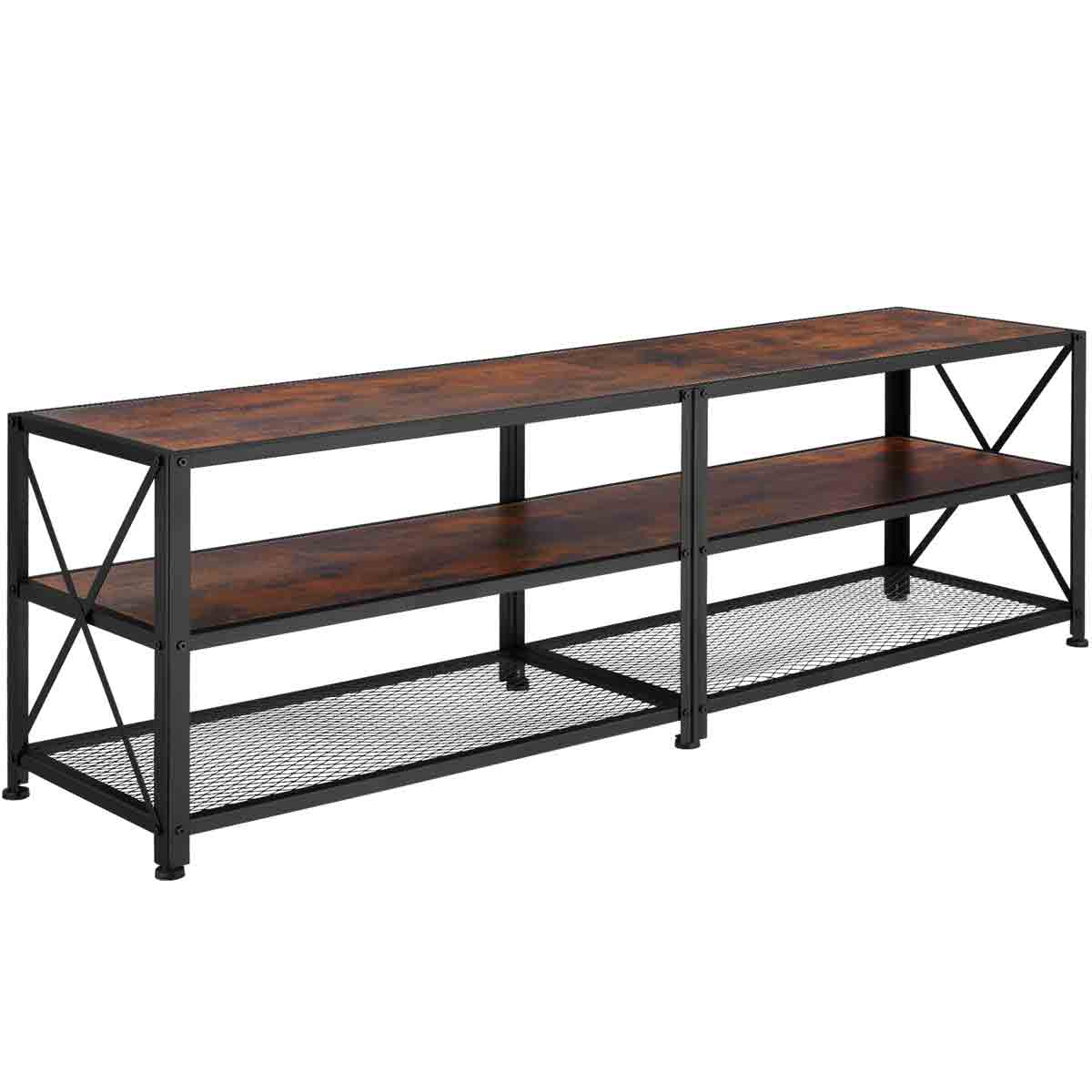 Brown Tectake TV stand with three shelves, featuring a rustic wood finish and a sturdy black metal frame with cross-supports and a mesh bottom shelf.