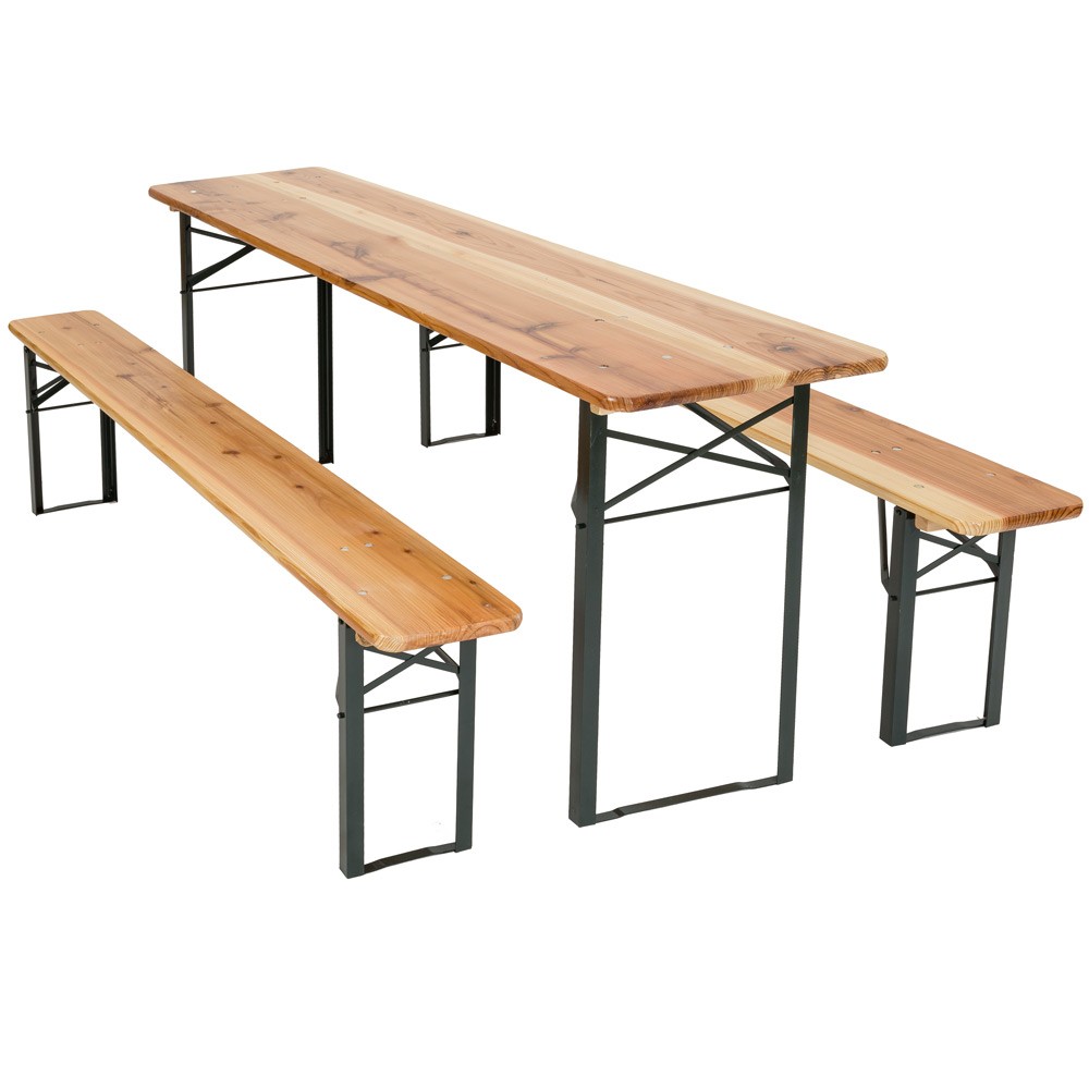 Brown wooden picnic table with a smooth surface, accompanied by two matching benches, featuring black metal frames for support.