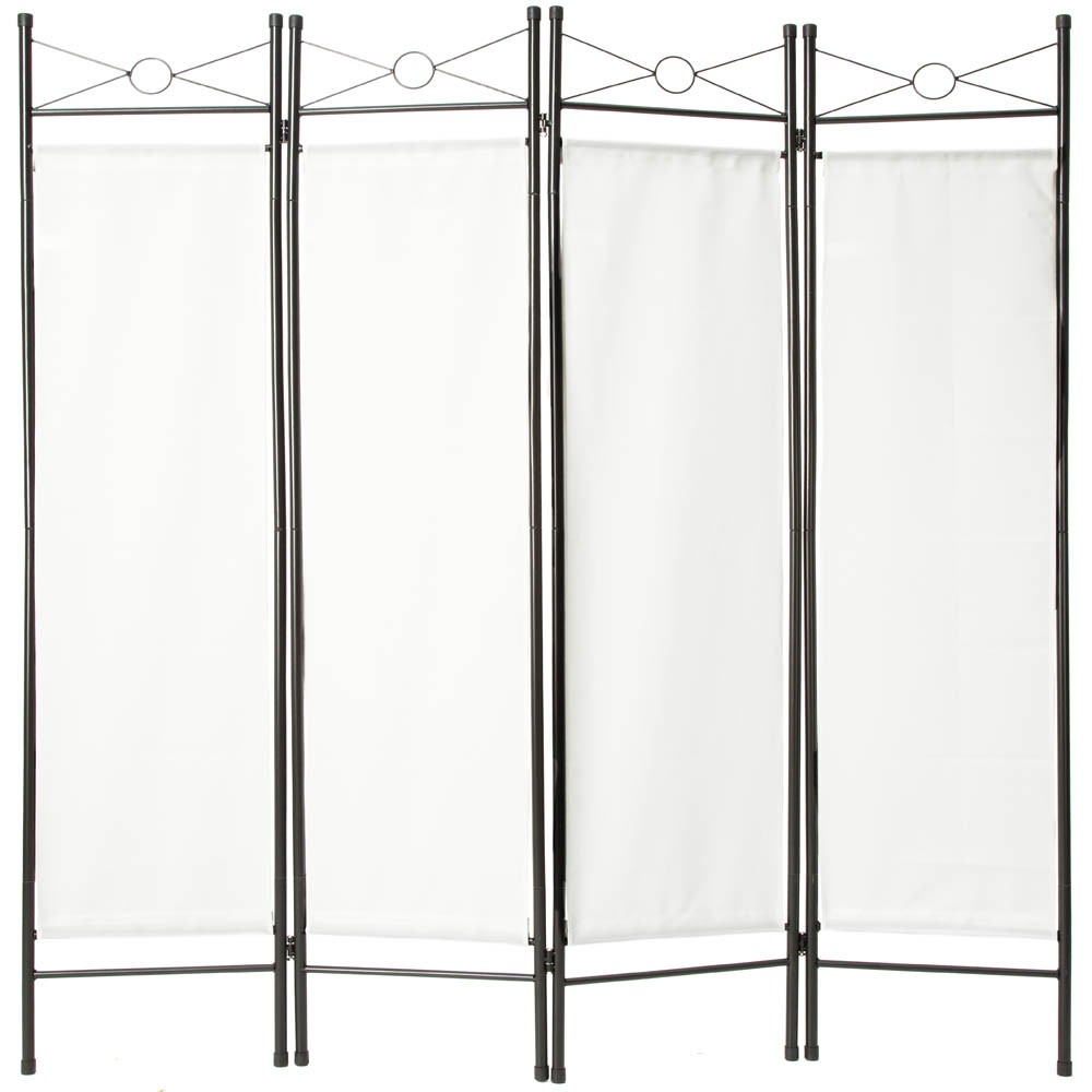 White room divider screen with four panels, featuring a sturdy black metal frame and circular accents at the top, measuring 180x160x2.5cm.