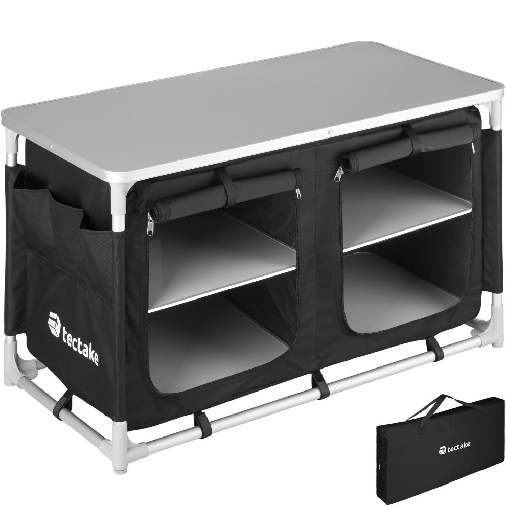 Black camping kitchen folding table with a gray top, featuring two storage compartments, a sturdy aluminum frame, and a carry bag for easy transport.