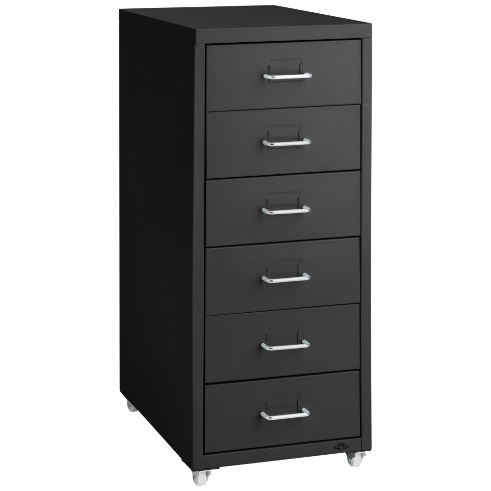Black metal filing cabinet on casters featuring six drawers with silver handles, designed for easy mobility and storage.