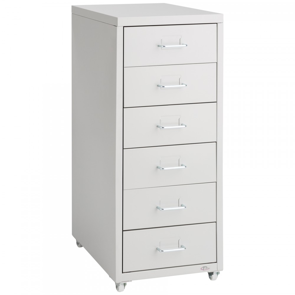 Light grey metal filing cabinet on casters featuring six drawers with sleek chrome handles, designed for easy mobility and storage.
