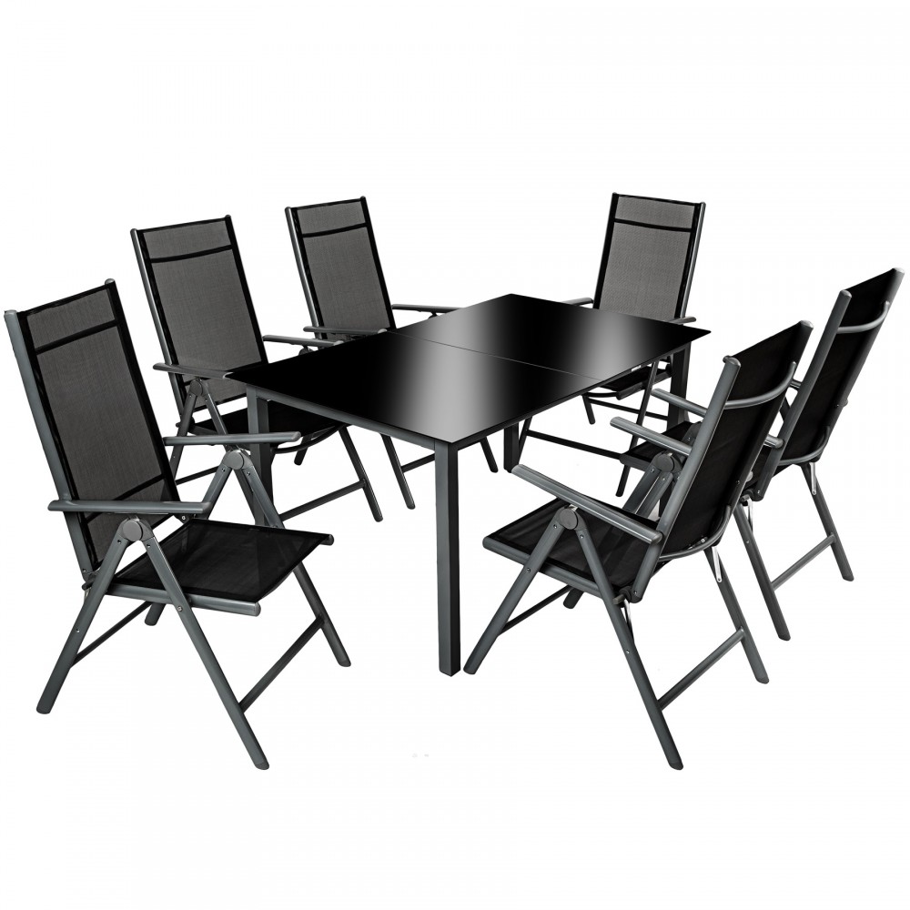 Grey Tectake garden table and chairs set featuring a sleek black tabletop and six folding chairs with grey fabric seats and backs, designed for outdoor use.