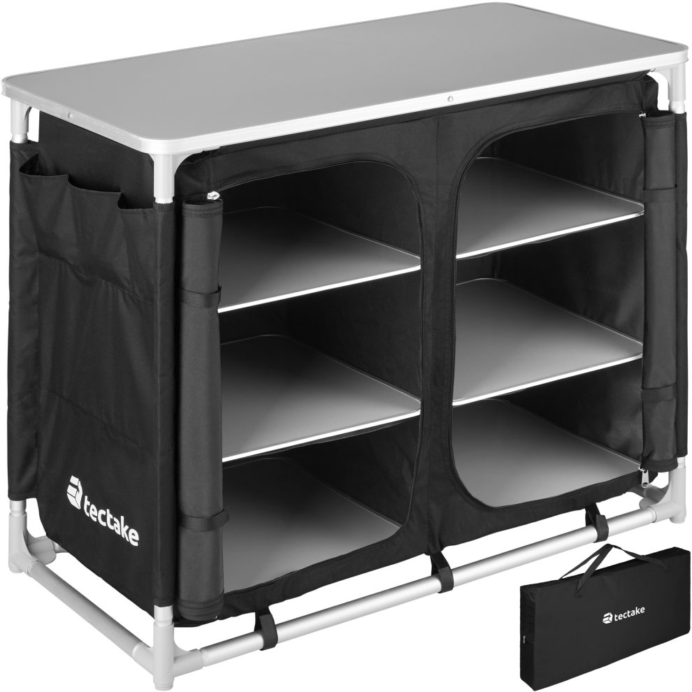 Portable camping kitchen in black and grey, featuring a sturdy aluminum frame, a flat top surface, and multiple shelves enclosed by fabric sides, includes a carrying bag.