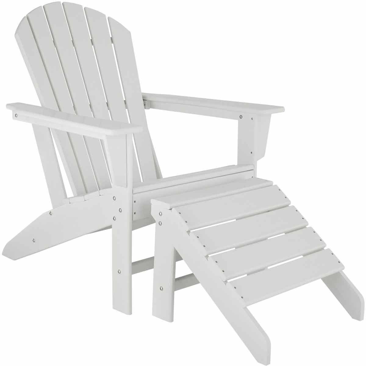 White wooden Adirondack garden chair with a matching footstool, featuring a slatted design and wide armrests for comfort.