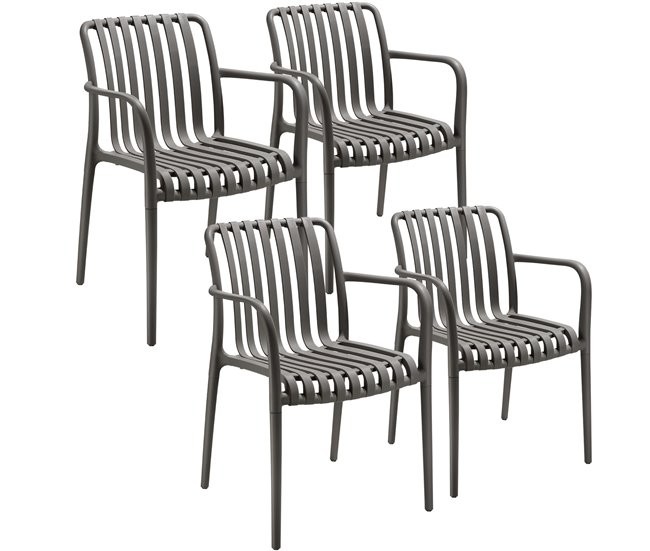 Set of four anthracite grey garden chairs made of durable, weather-resistant plastic, featuring a slatted design and armrests for added comfort.