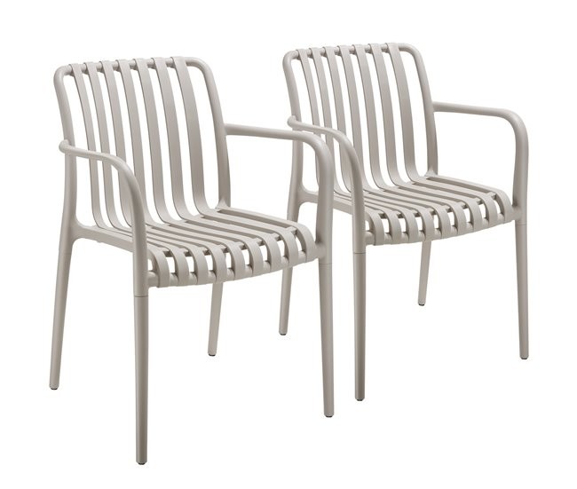 Set of two taupe garden chairs made of durable, weather-resistant plastic, featuring a slatted design and armrests for added comfort.