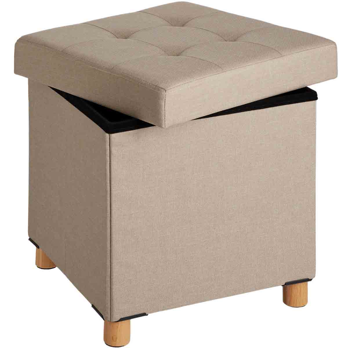 Upholstered stool in a sand-colored linen look with a tufted top, featuring a removable lid and wooden legs for added stability.