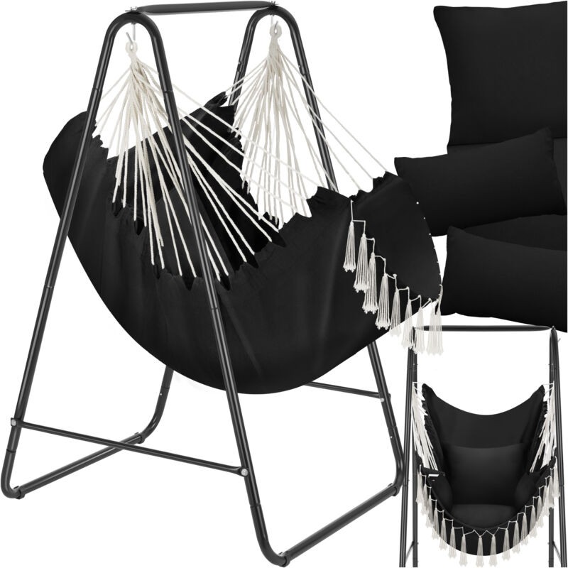 Black boho-style swing chair with a sturdy metal frame, featuring three thick pillows and a convenient book pocket, supporting up to 160kg.