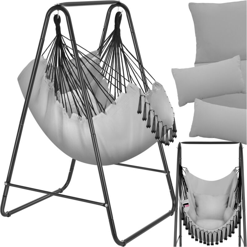 Boho-style swing chair in grey with a sturdy black metal frame, featuring three thick pillows and a convenient book pocket, supporting up to 160kg.