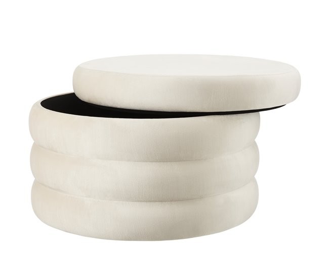 Cream-colored plush footstool with a cylinder shape, featuring a storage compartment and measuring 67 x 42 cm, designed for comfort and style.