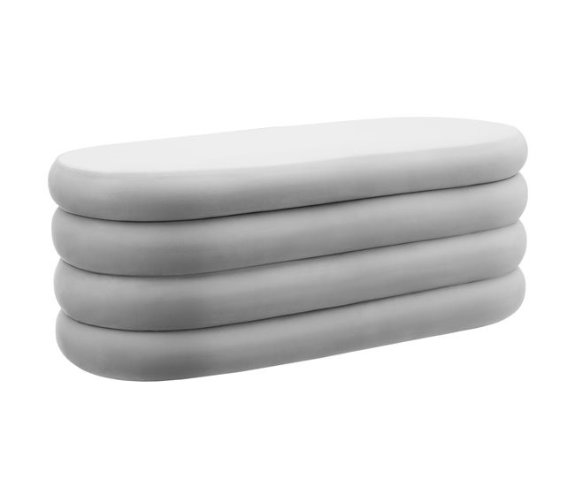 Grey padded bench with a sleek, rounded design, featuring a soft velvet or bouclé cover, ideal for hallway storage.