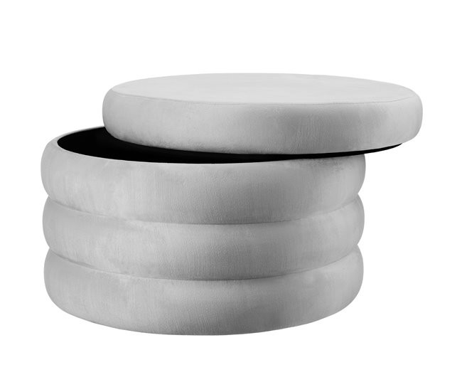 Grey plush upholstered cylinder-shaped footstool with a removable top, featuring storage space inside, measuring 67 x 42 cm.