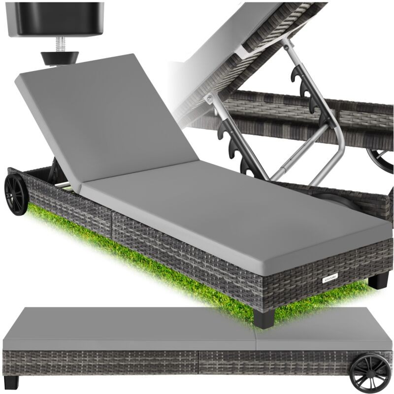 Brown polyrattan sun lounger with a five-position adjustable backrest, featuring a grey cushion and wheels for easy mobility, set against a grassy background.