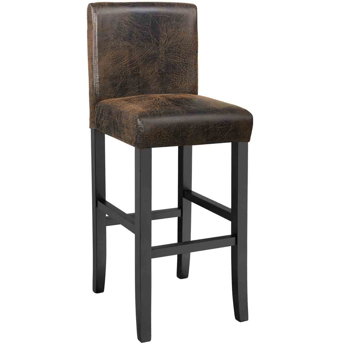 Brown leather breakfast bar stool with a textured finish, featuring a padded seat and backrest, supported by a sturdy black wooden frame.