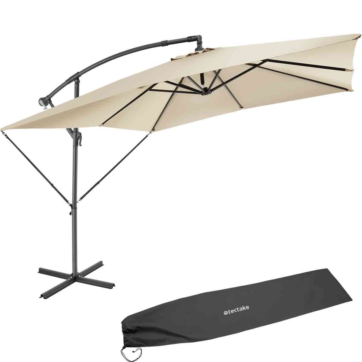 Cream-colored Tectake Apollon sun umbrella with a crank mechanism, measuring 2.5 x 2.5m, featuring a sturdy metal frame and a black storage bag.