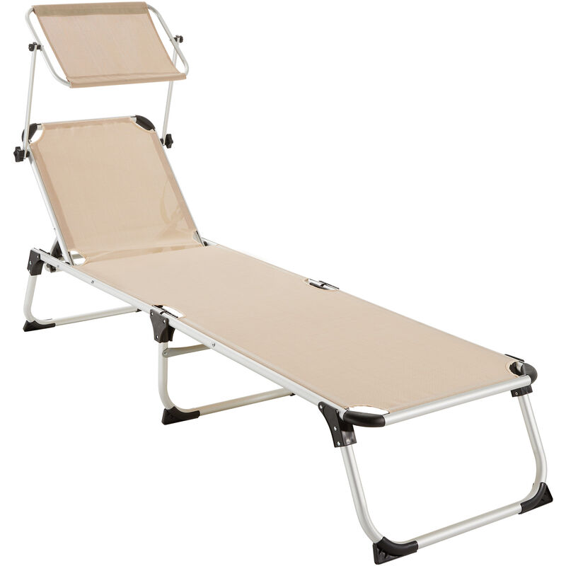 Cream sun lounger with a six-step adjustable aluminum frame, featuring a reclining backrest and a detachable headrest for added comfort.