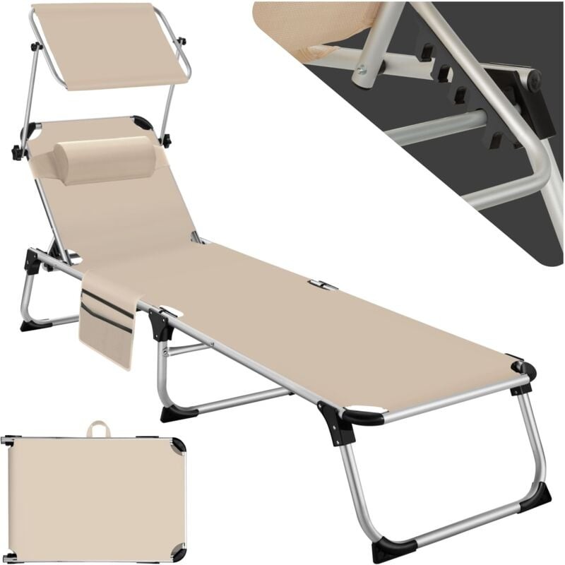 Cream foldable sun lounger with a headrest, six-position backrest, and a sturdy aluminum frame, featuring a convenient carrying handle for easy transport.