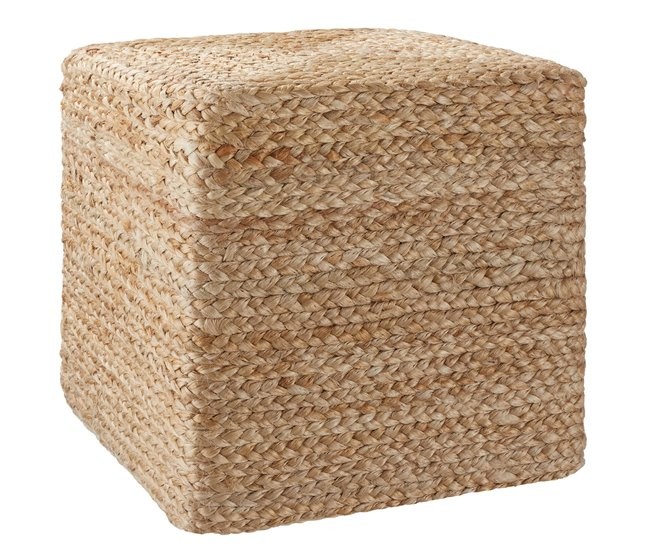 Cube-shaped footstool in boho style made from natural jute fibres, featuring a cream color with a textured woven design.
