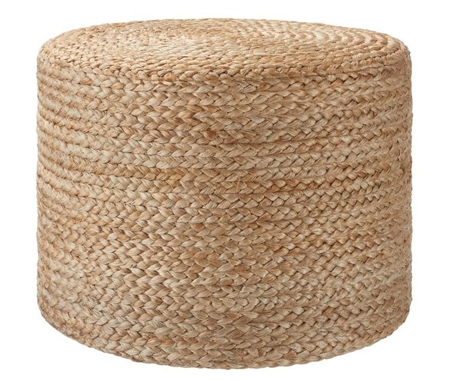 Round, handwoven pouf made of natural fibers in a light beige color, featuring a textured surface and a sturdy, cylindrical shape ideal for seating or decor.