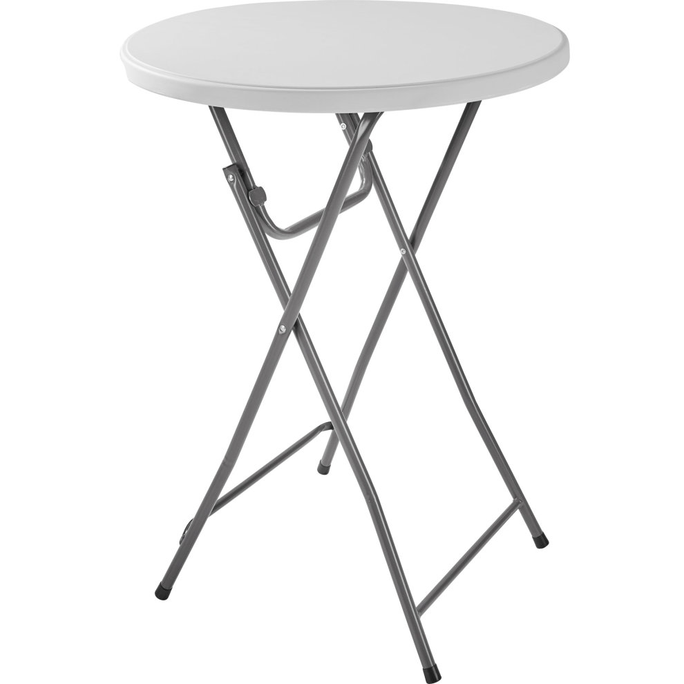 Round, foldable bar table in white plastic with a sturdy gray metal frame, featuring a simple design and easy-to-store functionality.